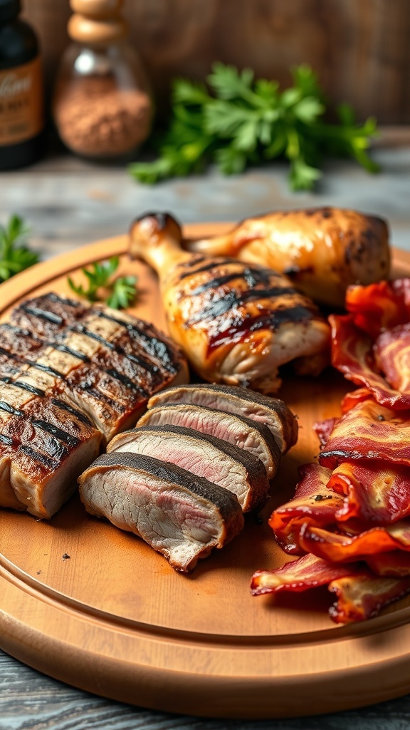 One Month Carnivore Diet Meal Plan Selection of grilled meats including steak, chicken, and bacon on a cutting board.